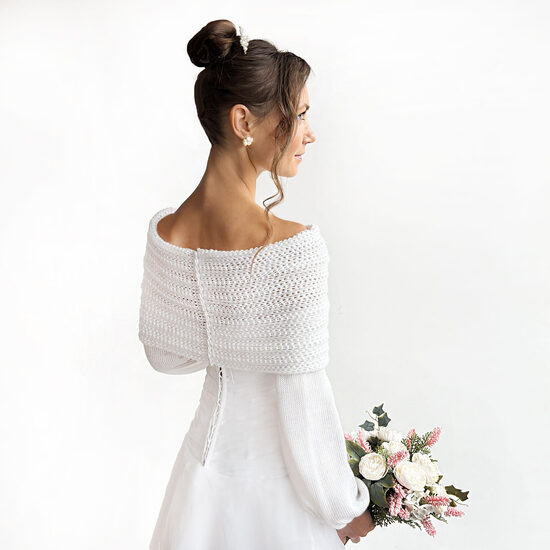 White Wedding Shoulder Knit Shrug, Ivory Knitted Bridal Wrap, Winter Bridesmaid Cover Up, code WW16
